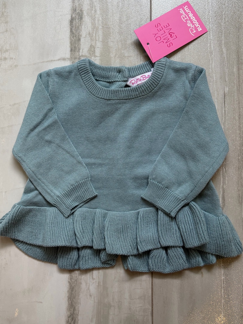NWT RuffleButts Colorful Antique Blue Button Back Ruffle Knit Swearer Girls 3-6M